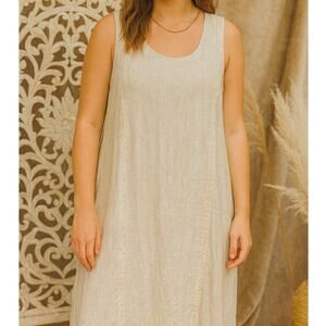 FLAX brand Sleeveless Scoop Neck Linen Midi Dress S/M Lagenlook Minimalist